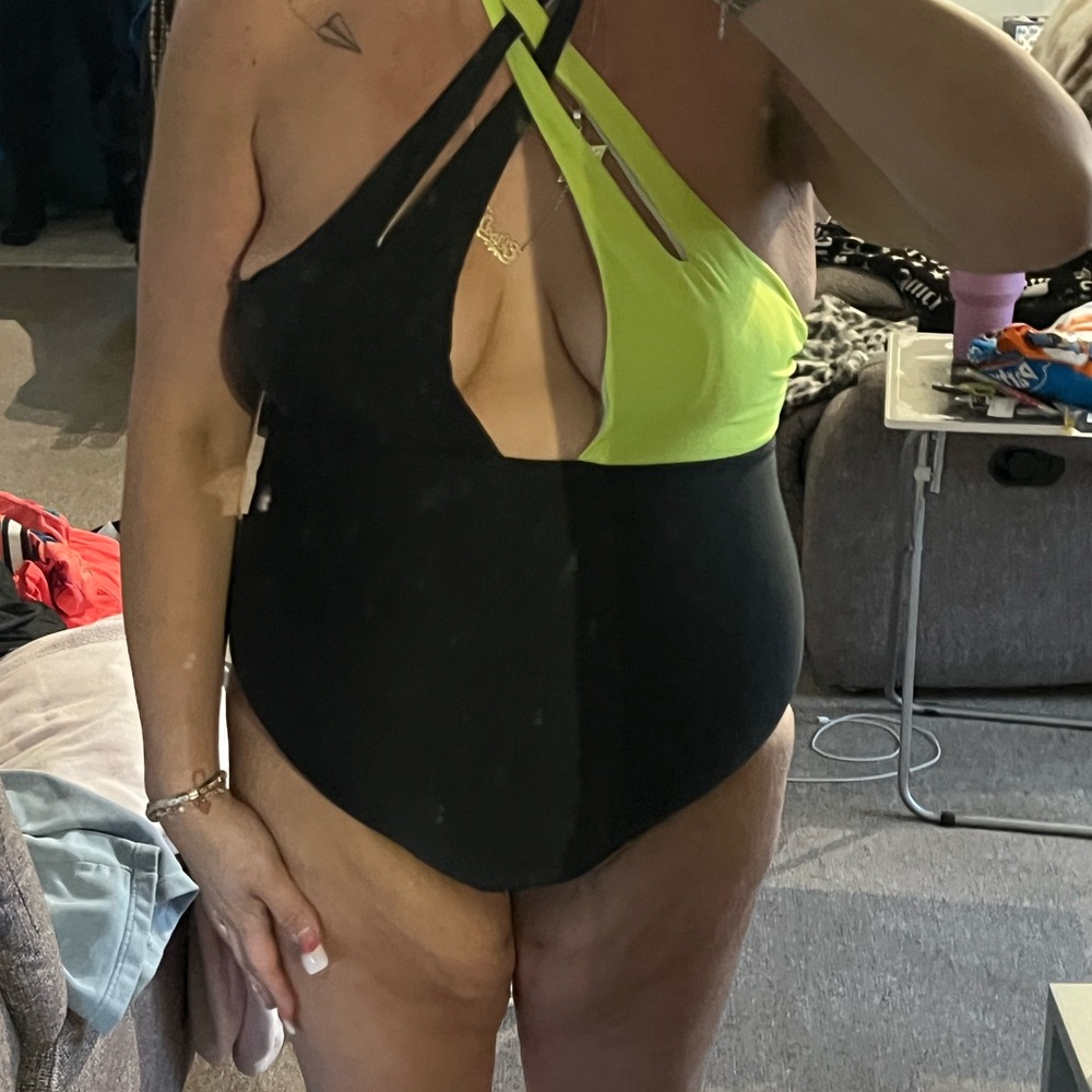 Black and Neon Green Halter Swimsuit